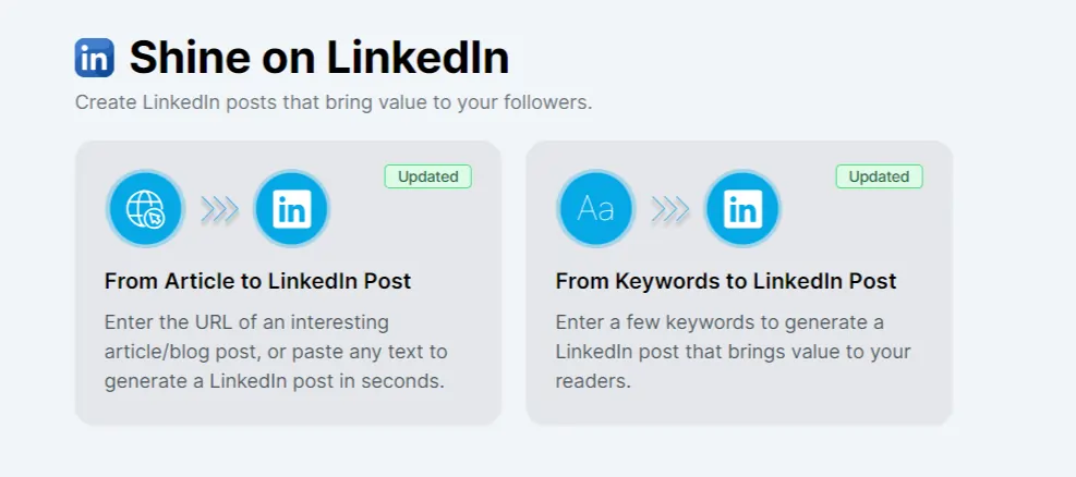 Shine on LinkedIn feature by tugan.ai